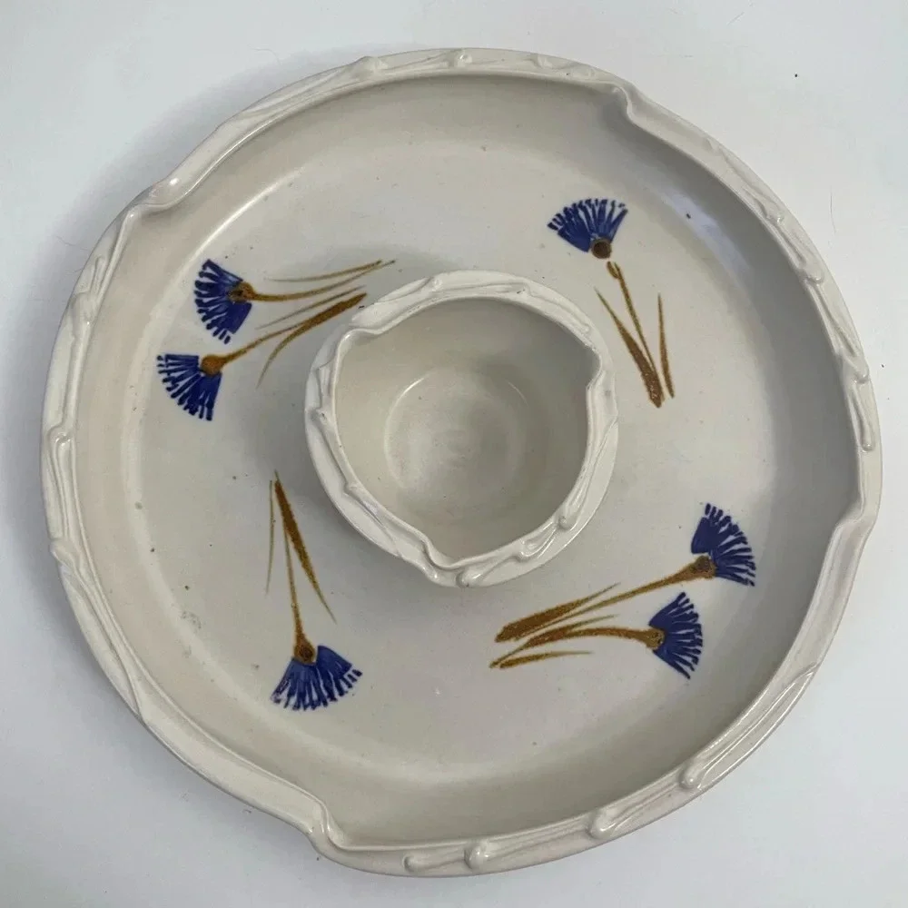 Floral Ceramic Chip and Dip Platter Vegetable Tray Handmade - Picture 1 of 11